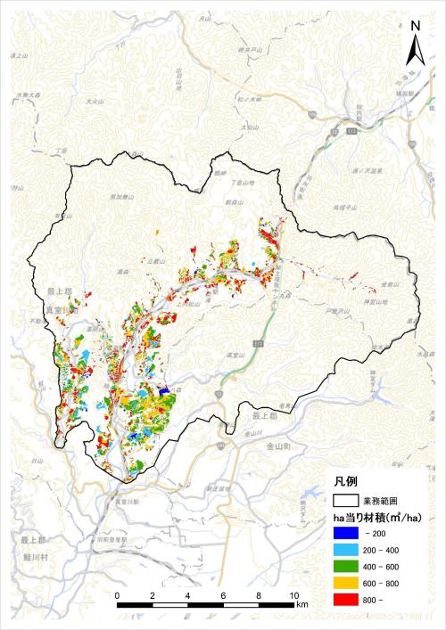 森林資源解析の成果品　ha当たり材積区分図