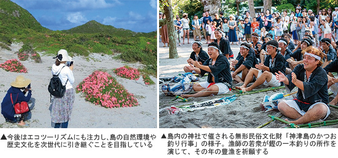 左：エコツーリズムの様子　右：神津島のかつお釣り行事の様子