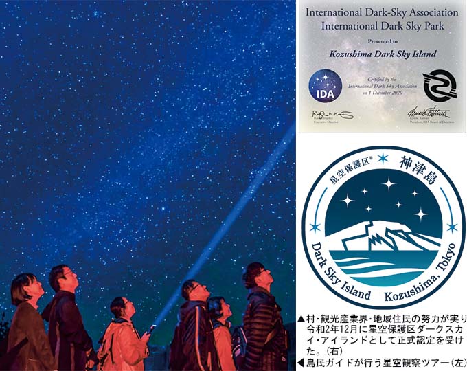 左：星空観察ツアーの様子　右：星空保護区の認定書とロゴ