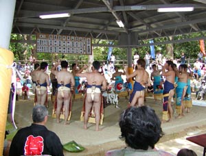 豊年祭（緞子を身につけ土俵入りする幕内力士）の写真