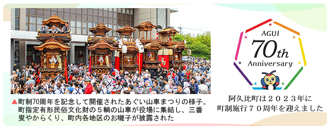 あぐい山車まつりの様子・町政施行70周年ロゴ