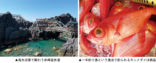 左：海水浴客で賑わう赤崎遊歩道　右：キンメダイ