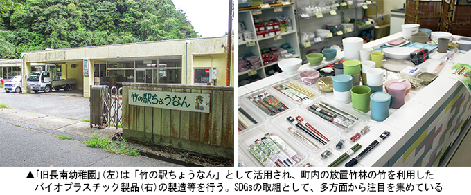 左：「竹の駅ちょうなん」　右：放置竹林の竹を利用したバイオプラスチック製品
