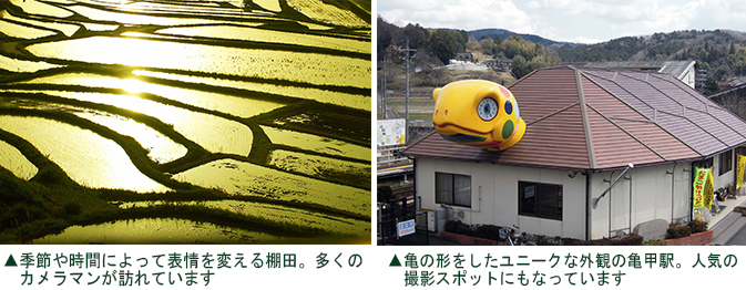 左：棚田の風景　右：亀の形をしたユニークな外観の亀甲駅