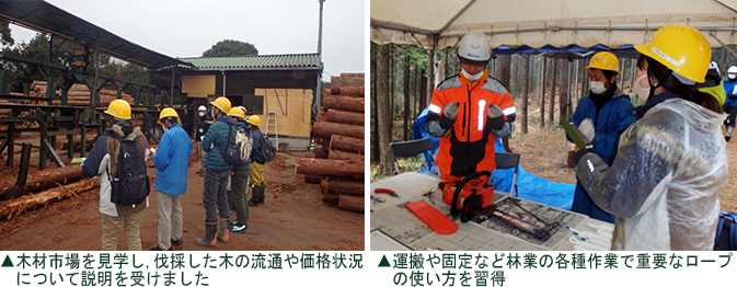 左：木材市場を見学する参加者　右：ロープの使い方を習う参加者
