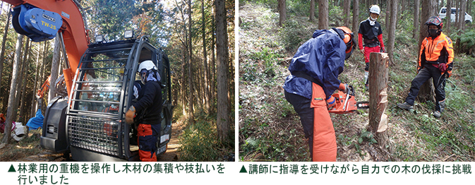 左：林業用の重機を操作する様子　右：木の伐採に挑戦する参加者