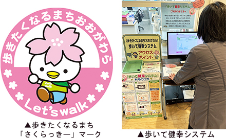 左：「さくらっきー」マーク　右：歩いて健幸システム