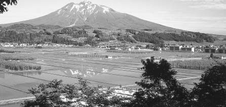 水田にその姿を映しそびえる岩木山の写真