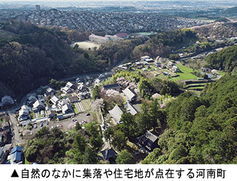 自然のなかに集落や住宅地が点在する河南町