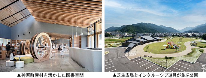 ▲左：神河町産材を活かした図書空間　▲右：芝生広場とインクルーシブ遊具が並ぶ公園
