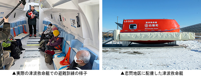左:実際の津波救命艇での避難訓練の様子 右:恋問地区に配備した津波救命艇