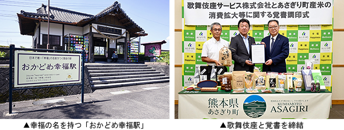 左：幸福の名を持つ「おかどめ幸福駅」　右：歌舞伎座と覚書を締結