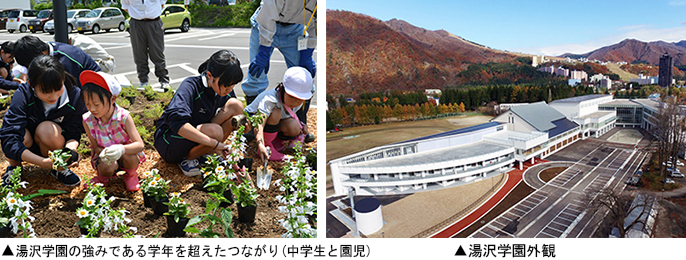 ▲左:湯沢学園の強みである学年を超えたつながり(中学生と園児) ▲右:湯沢学園外観