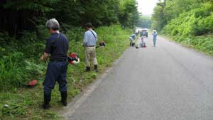 住民ボランディアによる村道草刈り作業