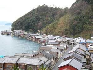 伊根湾に沿った狭い平地に集落が形成されている様子の写真