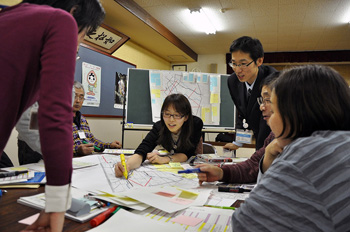 「地区別まちづくり計画」住民と役場職員が議論を交わす様子の写真