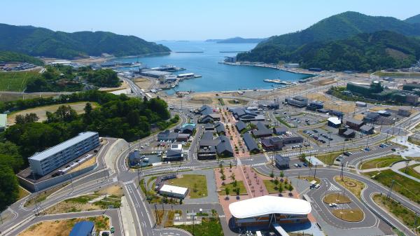 JR女川駅上空から女川湾を望む